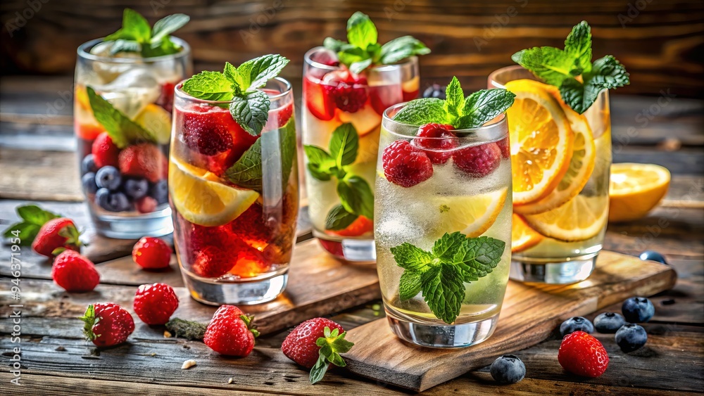Vibrant glasses of sparkling mixed drinks, garnished with fresh fruit and mint, sit atop a sleek wooden table, ready to be celebrated and savored. Vibrant glasses of sparkling mixed drinks, garnished with fresh fruit and mint, sit atop a sleek wooden table, ready to be celebrated and savored.