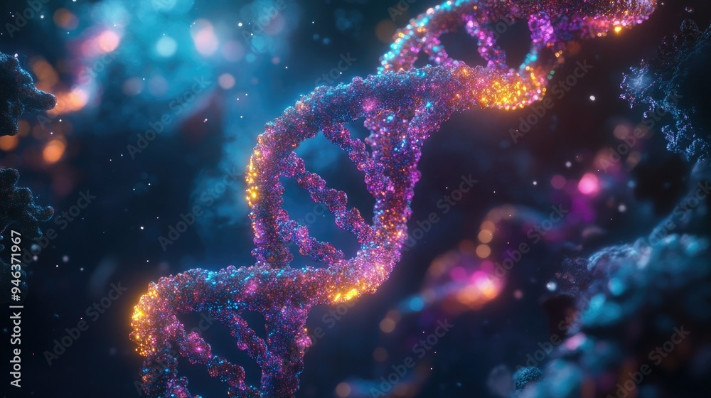 A close-up view of a DNA double helix, its intricate structure glowing with vibrant colors. A close-up view of a DNA double helix, its intricate structure glowing with vibrant colors.