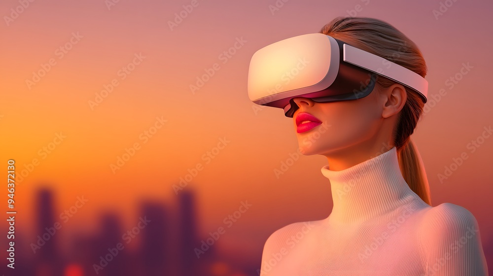 A woman experiences virtual reality at sunset, showcasing the blend of technology and beauty in an urban environment. A woman experiences virtual reality at sunset, showcasing the blend of technology and beauty in an urban environment.