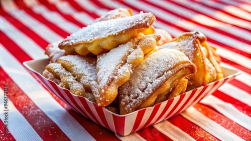 Vibrant golden-brown fried dough pastry sprinkled with sugar, fresh out of the deep fryer, sits tantalizingly on a red and white striped carnival food cart. photo