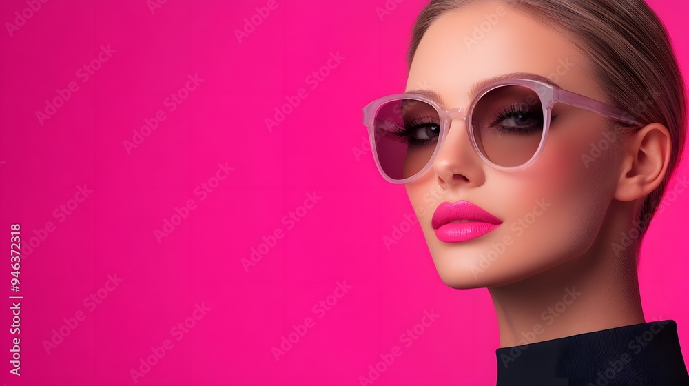 Stylish woman with sunglasses poses against a vibrant pink background, showcasing bold fashion and beauty confidence. Stylish woman with sunglasses poses against a vibrant pink background, showcasing bold fashion and beauty confidence.