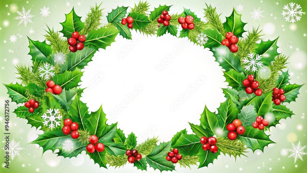 Vibrant green circular border adorned with festive holly leaves, red berries, and snowflakes, perfect for framing holiday cards, decorations, or festive digital designs. Vibrant green circular border adorned with festive holly leaves, red berries, and snowflakes, perfect for framing holiday cards, decorations, or festive digital designs.