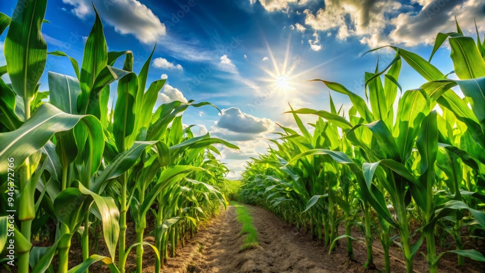 Vibrant green cornstalks stretch towards the sky, swaying gently in the breeze, in a lush, sun-kissed field with a serene, natural landscape. Vibrant green cornstalks stretch towards the sky, swaying gently in the breeze, in a lush, sun-kissed field with a serene, natural landscape.