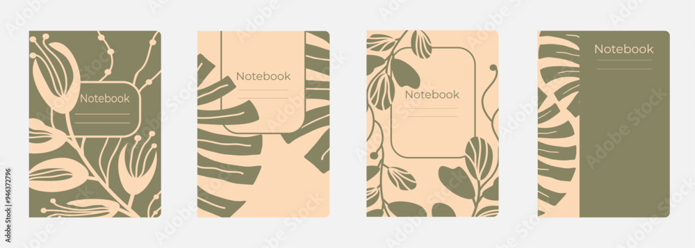 Set of cover designs for notebook, notepad, book, catalog with abctract tropical plants in pastel color. Vertical format A4,A5. Set of cover designs for notebook, notepad, book, catalog with abctract tropical plants in pastel color. Vertical format A4,A5.