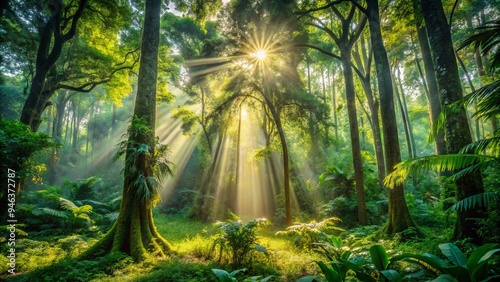 Vibrant greenery abounds in this serene African forest, where sunlight filters through tall trees, illuminating the lush undergrowth and tranquil forest floor scenery. photo