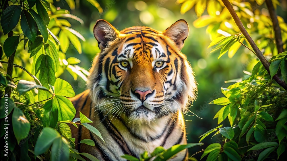 Obraz premium Vibrant green foliage encircles a majestic Bengal tiger, its golden fur glistening in dappled sunlight, as it gazes intensely into the dense jungle undergrowth.