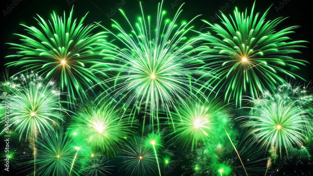 Vibrant green firework explosions illuminate a crisp white background, casting a mesmerizing glow and creating a stunning visual contrast in this festive and dynamic scene. Vibrant green firework explosions illuminate a crisp white background, casting a mesmerizing glow and creating a stunning visual contrast in this festive and dynamic scene.