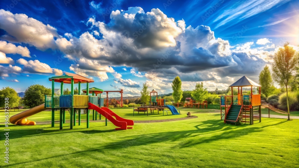 Vibrant green grass surrounds a colorful playground with swings, slides, and climbing structures, set against a sunny blue sky with fluffy white clouds. Vibrant green grass surrounds a colorful playground with swings, slides, and climbing structures, set against a sunny blue sky with fluffy white clouds.