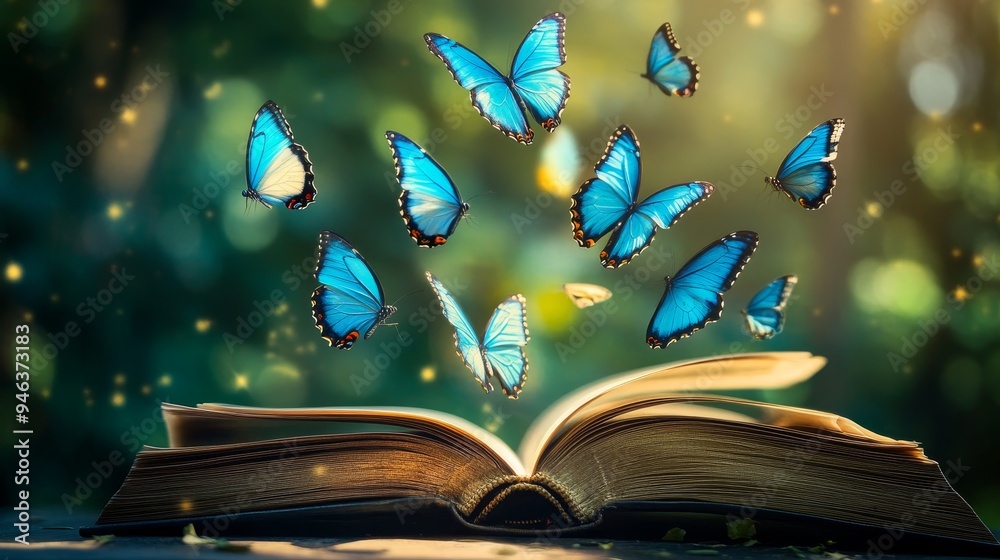 A beautiful image of blue butterflies flying out of an open book ...