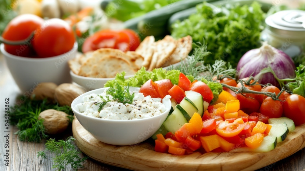 Healthy Lunch with Colorful Vegetables and Crispbread on Table Setting for Nutrition and Wellness Concept Healthy Lunch with Colorful Vegetables and Crispbread on Table Setting for Nutrition and Wellness Concept
