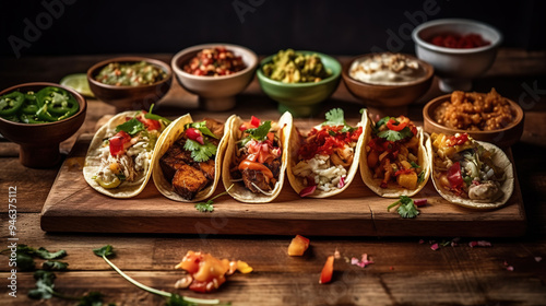 Wallpaper Mural Fresh Mexican Gourmet Tacos with dips, salsa, guacamole, toppings and seasonings made with Generative AI Torontodigital.ca