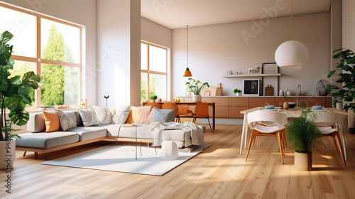Modern interior japandi style design. Lighting and sunny scandinavian apartment with plaster and wood. Made with generative ai.	