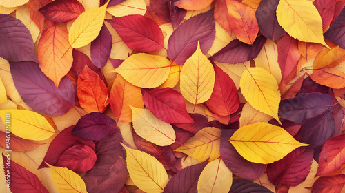 A pile of autumn leaves with a variety of colors, including red, yellow