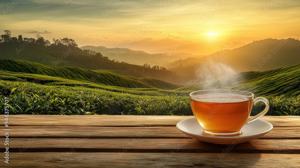 A steaming cup of hot tea on a wooden table, with a tea plantation bathed in sunset light. A steaming cup of hot tea on a wooden table, with a tea plantation bathed in sunset light.