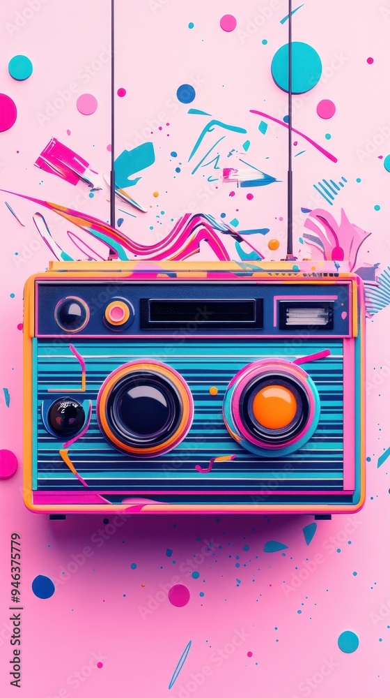 Fototapeta premium A colorful boombox featuring neon accents against a pink backdrop, surrounded by dynamic splashes of color and retro-inspired designs