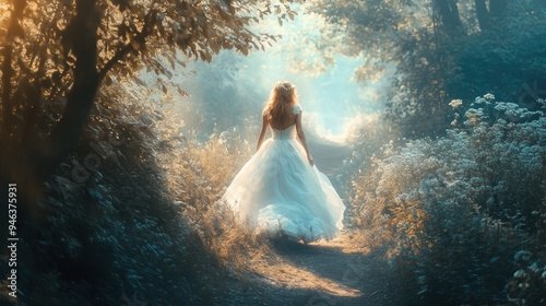Woman princess in a beautiful dress got lost alone in the forest background wallpaper AI generated image