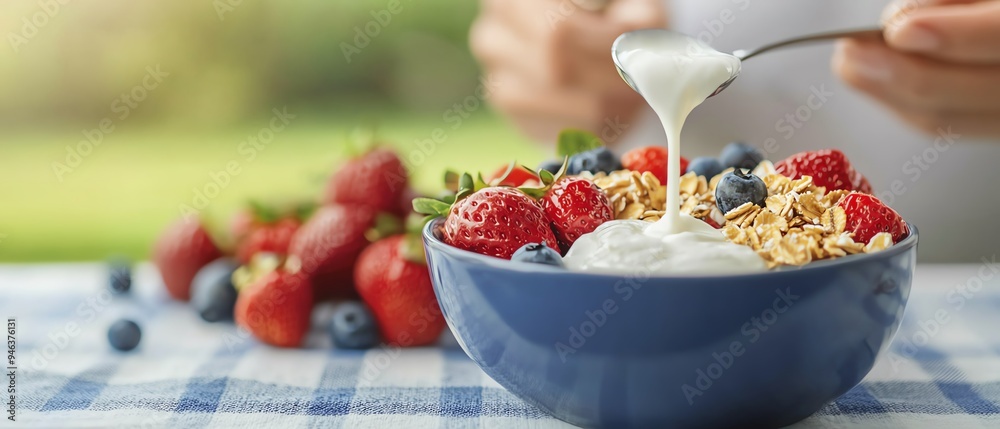 A serene morning scene with a person enjoying a probioticrich breakfast outdoors, with kefir, yogurt, and fresh fruits on the table Probiotic-rich diet concept. A serene morning scene with a person enjoying a probioticrich breakfast outdoors, with kefir, yogurt, and fresh fruits on the table Probiotic-rich diet concept.