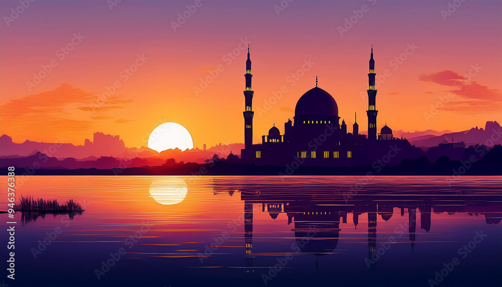 Obraz premium Mosque Silhouette at Sunset with Water Reflection