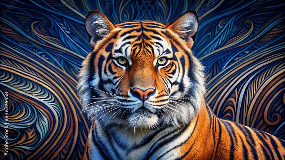 Fototapeta premium Vibrant orange and black tiger's fur features intricate stripes, mesmerizing whorls, and striking patterns, set against a contrasting dark blue background, evoking primal intensity.