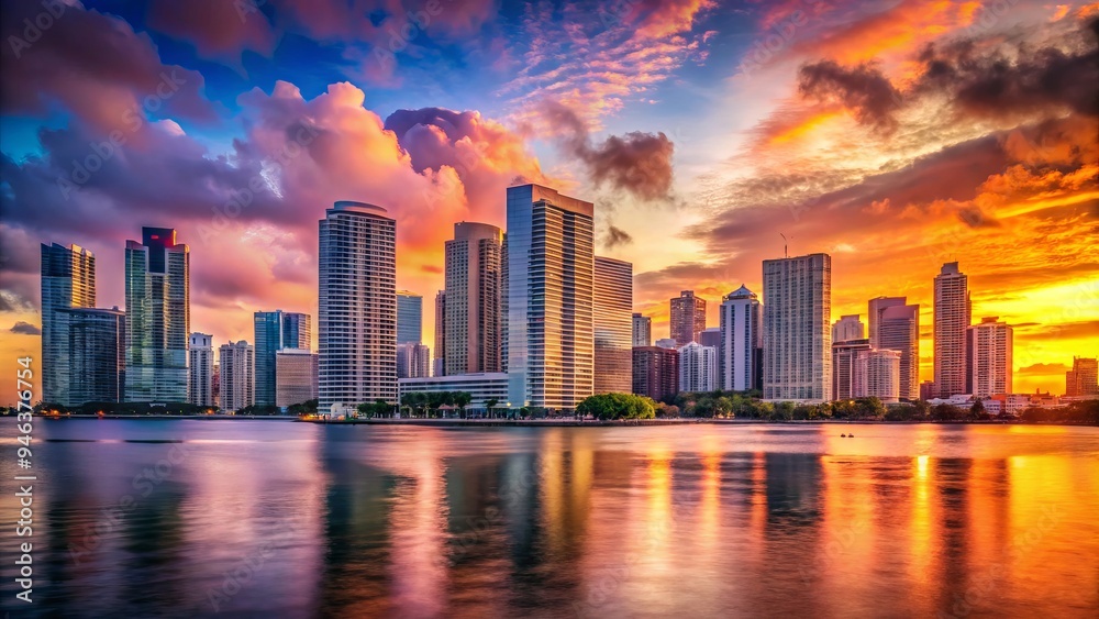 Fototapeta premium Vibrant orange and pink hues illuminate the Miami cityscape as the sun dips below the horizon, casting a warm glow on towering skyscrapers and calm waters.