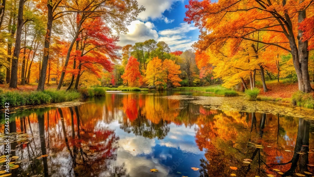 Vibrant orange and yellow leaves surround a serene forest pond, reflecting the autumnal hues, as the fall equinox brings balance to the natural world. Vibrant orange and yellow leaves surround a serene forest pond, reflecting the autumnal hues, as the fall equinox brings balance to the natural world.