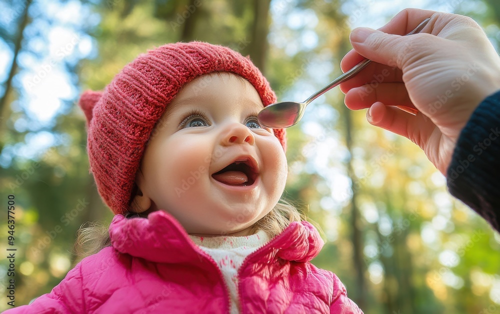 Cute, happy baby girl in a pink jacket and hat, smiling while being fed by her mother's hand with a spoon outdoors in a forest. Close-up portrait of a laughing child enjoying food on an autumn day. Cute, happy baby girl in a pink jacket and hat, smiling while being fed by her mother's hand with a spoon outdoors in a forest. Close-up portrait of a laughing child enjoying food on an autumn day.