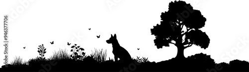 Vektor Silhouette Natur Landschaft mit sitzendem Hund - Schäferhund im Gras einer Wiese - Outdoor