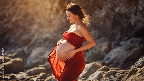 Pregnant woman in a red dress, cradling her baby bump on a rocky beach. photo