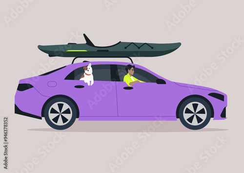 A vibrant sedan journeys down a sunny road, carrying a kayak and a happy dog with a person ready for adventure and relaxation by the water's edge