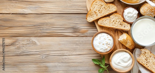 A spread of breakfast foods including yogurt, kefir, and sourdough toast, arranged on a rustic wooden table Probiotic-rich diet concept.