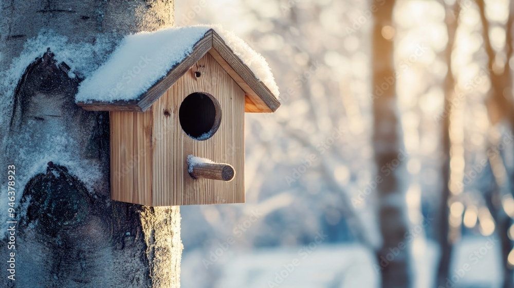 Concept view of a small wooden bird house during winter snowfall background wallpaper AI generated image Concept view of a small wooden bird house during winter snowfall background wallpaper AI generated image