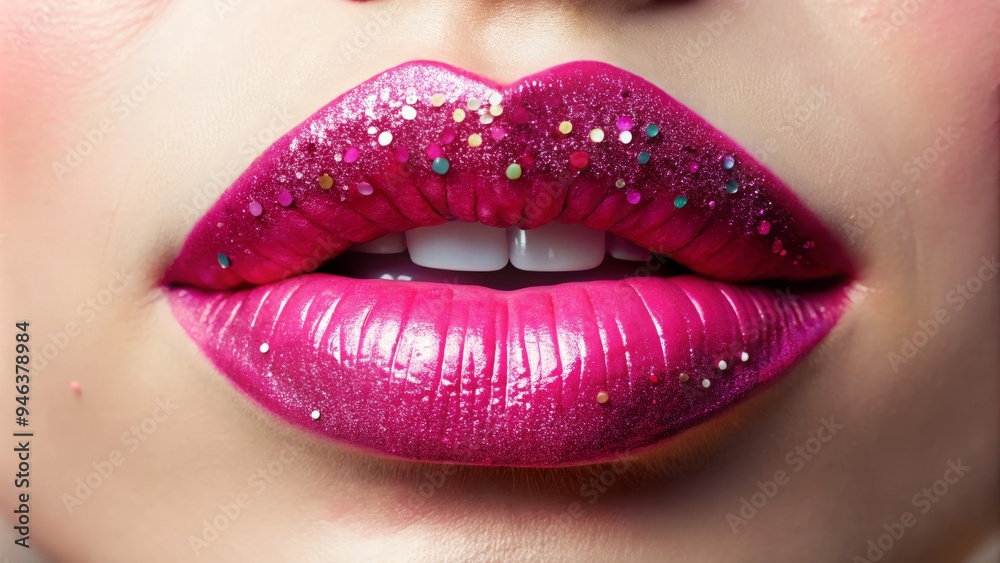 Obraz premium Vibrant pink lipstick with sparkly glitter on the lips, smudged and messy, on a pale skin tone, against a soft focus, pastel-colored background.