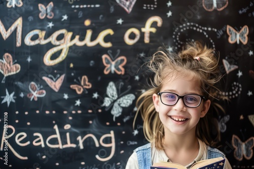 Delighted young reader with tousled hair and glasses, in front of a Magic of Reading chalkboard