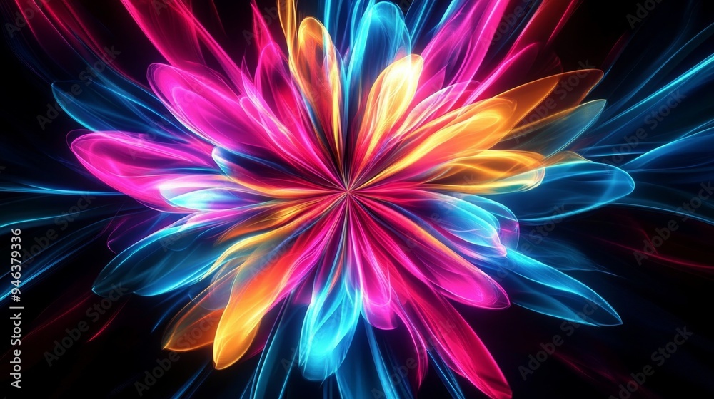 A vibrant explosion of colors and light creates a stunning abstract flower design. Ideal for modern digital art spaces, this image captivates and inspires with its bold visuals. AI A vibrant explosion of colors and light creates a stunning abstract flower design. Ideal for modern digital art spaces, this image captivates and inspires with its bold visuals. AI