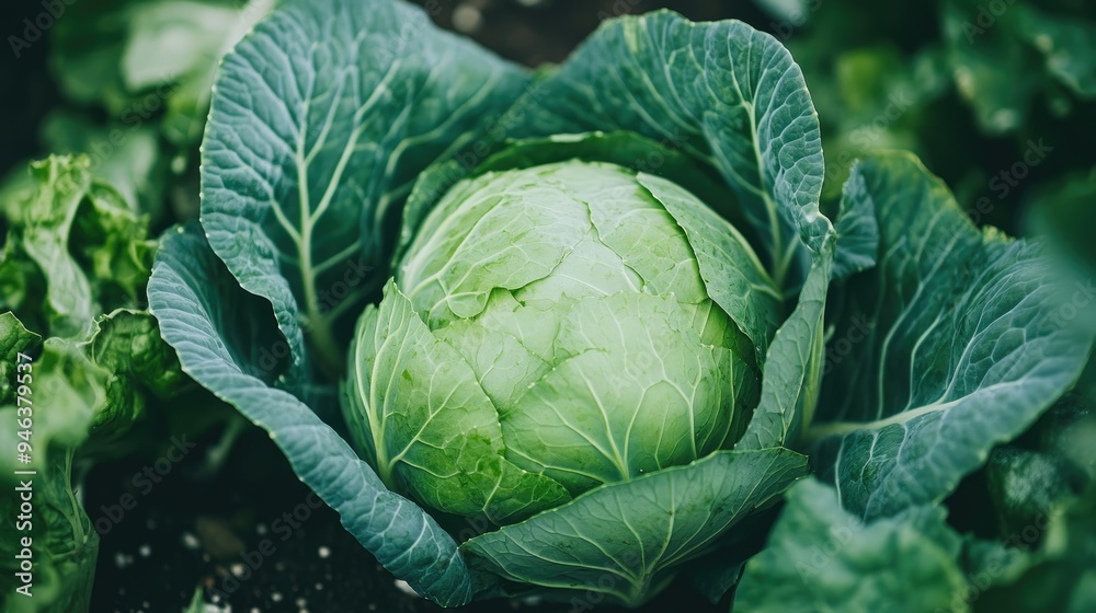 Fototapeta premium Close-up of a green cabbage head growing in a vegetable garden, surrounded by lush leaves and rich soil.