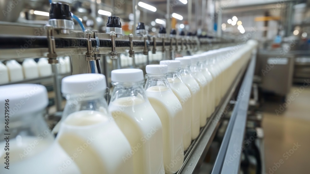 Milk Bottles Moving on a Conveyor Belt in a Factory Milk Bottles Moving on a Conveyor Belt in a Factory