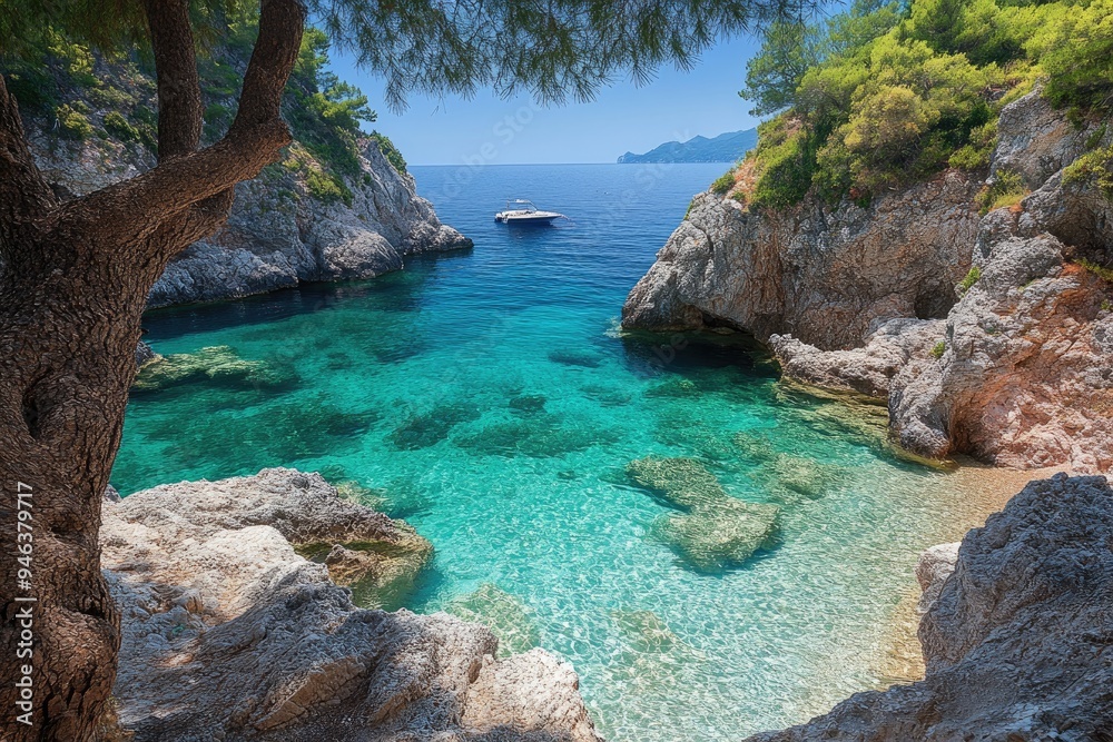 Turquoise lagoon framed by rocks and trees with yacht on the horizon Turquoise lagoon framed by rocks and trees with yacht on the horizon