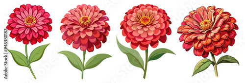 Billede på lærred Vibrant Zinnia Flower With Green Leaves Illustration - Colorful illustration of a vibrant red zinnia flower with lush green leaves