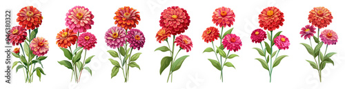 Fotografi Vibrant Zinnia Flower With Green Leaves Illustration - Colorful illustration of a vibrant red zinnia flower with lush green leaves