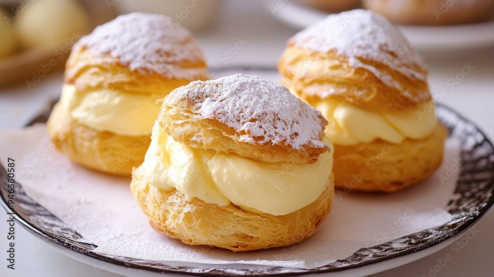 Close-up of three cream puffs, perfectly crafted with golden pastry and smooth, rich filling. Close-up of three cream puffs, perfectly crafted with golden pastry and smooth, rich filling.