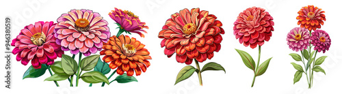Vibrant Zinnia Flower With Green Leaves Illustration - Colorful illustration of a vibrant red zinnia flower with lush green leaves. Perfect for botanical designs and floral decorations.