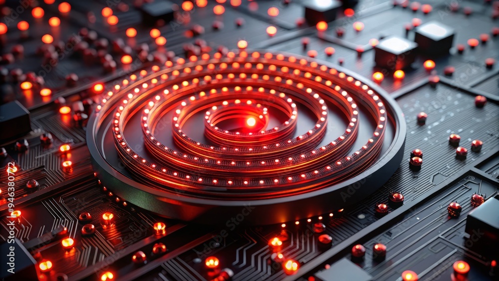Vibrant red LED lights create a mesmerizing spiral pattern on a sleek black circuit board, showcasing modern technology and futuristic design elements. Vibrant red LED lights create a mesmerizing spiral pattern on a sleek black circuit board, showcasing modern technology and futuristic design elements.