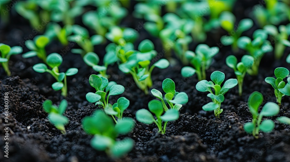 Close-up of vibrant green sprouts emerging from dark, fertile soil, representing new beginnings. Close-up of vibrant green sprouts emerging from dark, fertile soil, representing new beginnings.