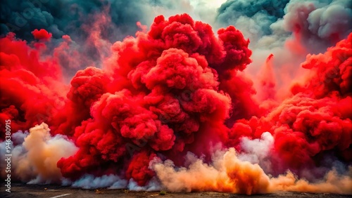 Vibrant red smoke bomb explodes, releasing a swirling cloud of crimson mist, adding a dramatic, fiery touch to a bold, high-energy atmosphere.