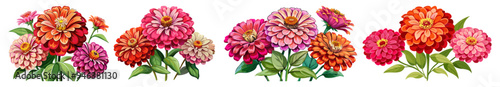 Fotografi Vibrant Zinnia Flower With Green Leaves Illustration - Colorful illustration of a vibrant red zinnia flower with lush green leaves