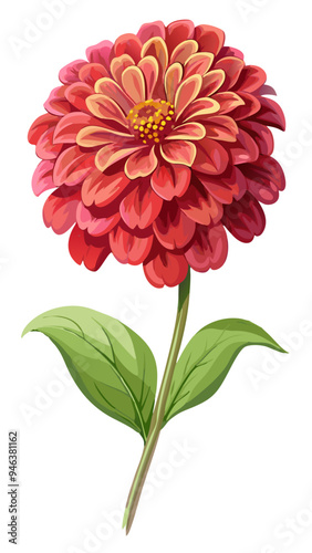 Fotografi Vibrant Zinnia Flower With Green Leaves Illustration - Colorful illustration of a vibrant red zinnia flower with lush green leaves