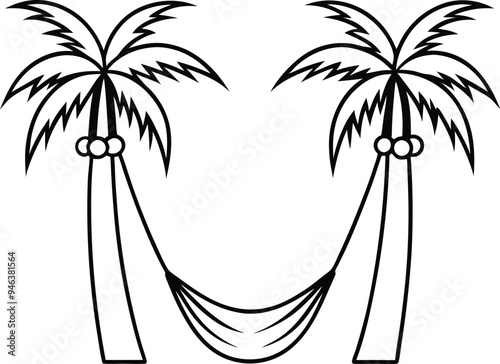 A bright tropical scene with two palm trees and a cozy hammock inviting you to dream and color away
