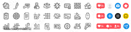 Project deadline, Certificate and Fake news line icons pack. Social media icons. Currency rate, Chemistry lab, Competition web icon. Check investment, Signature, Consumption growth pictogram. Vector