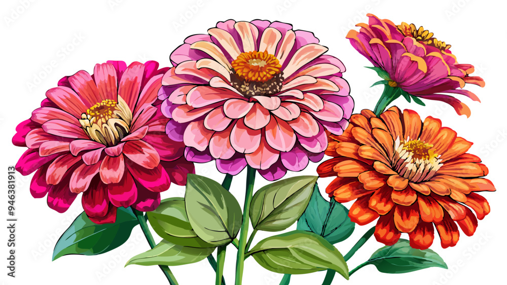 Vibrant Zinnia Flower With Green Leaves Illustration - Colorful illustration of a vibrant red zinnia flower with lush green leaves. Perfect for botanical designs and floral decorations.