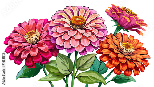 Fotografi Vibrant Zinnia Flower With Green Leaves Illustration - Colorful illustration of a vibrant red zinnia flower with lush green leaves